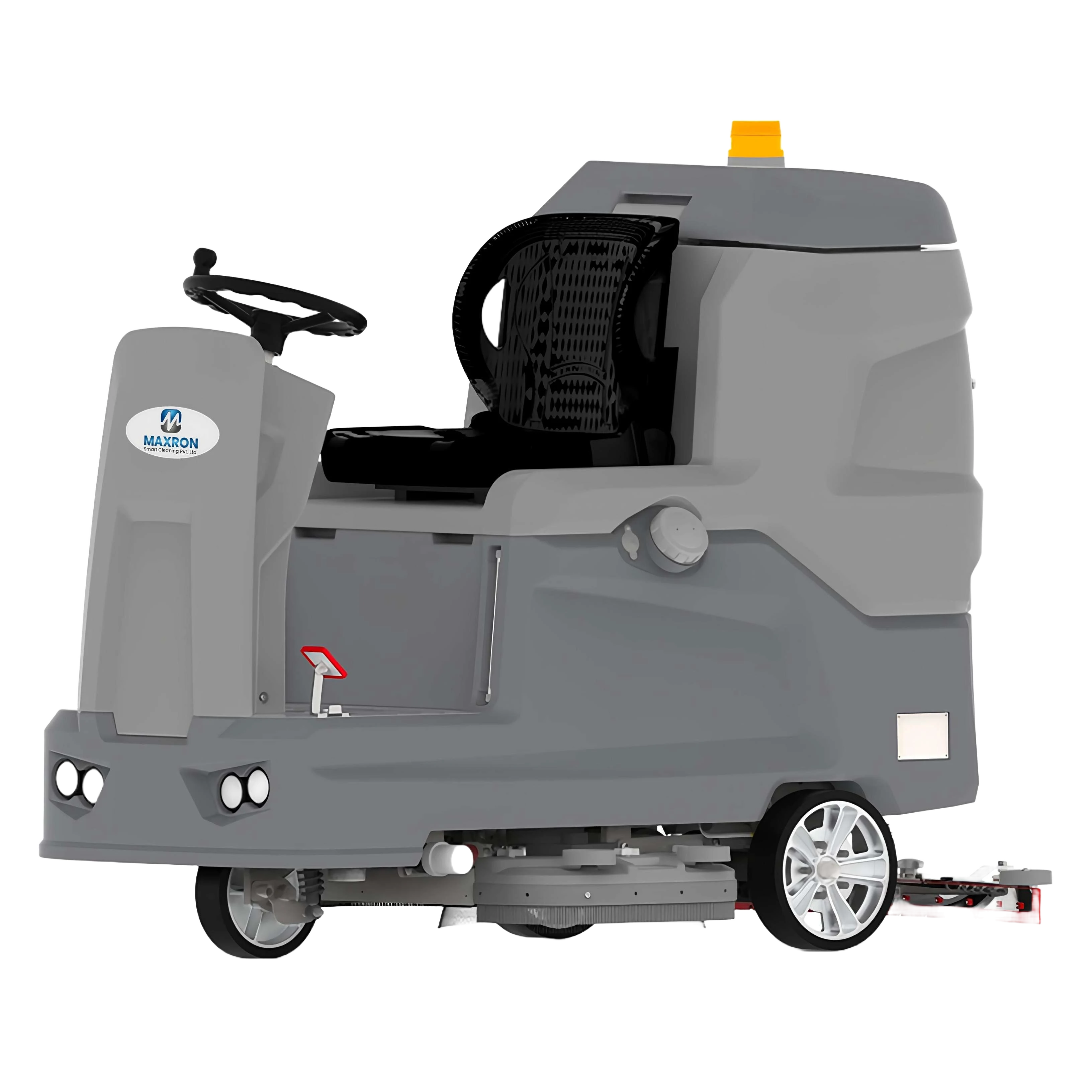 Maxron 350 ride-on floor sweeper for warehouse cleaning