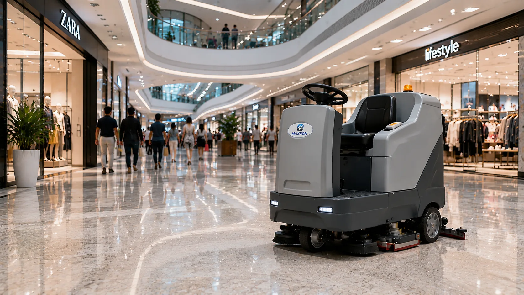 Maxron  scrubber cleaning a retail mall and airport terminal floor